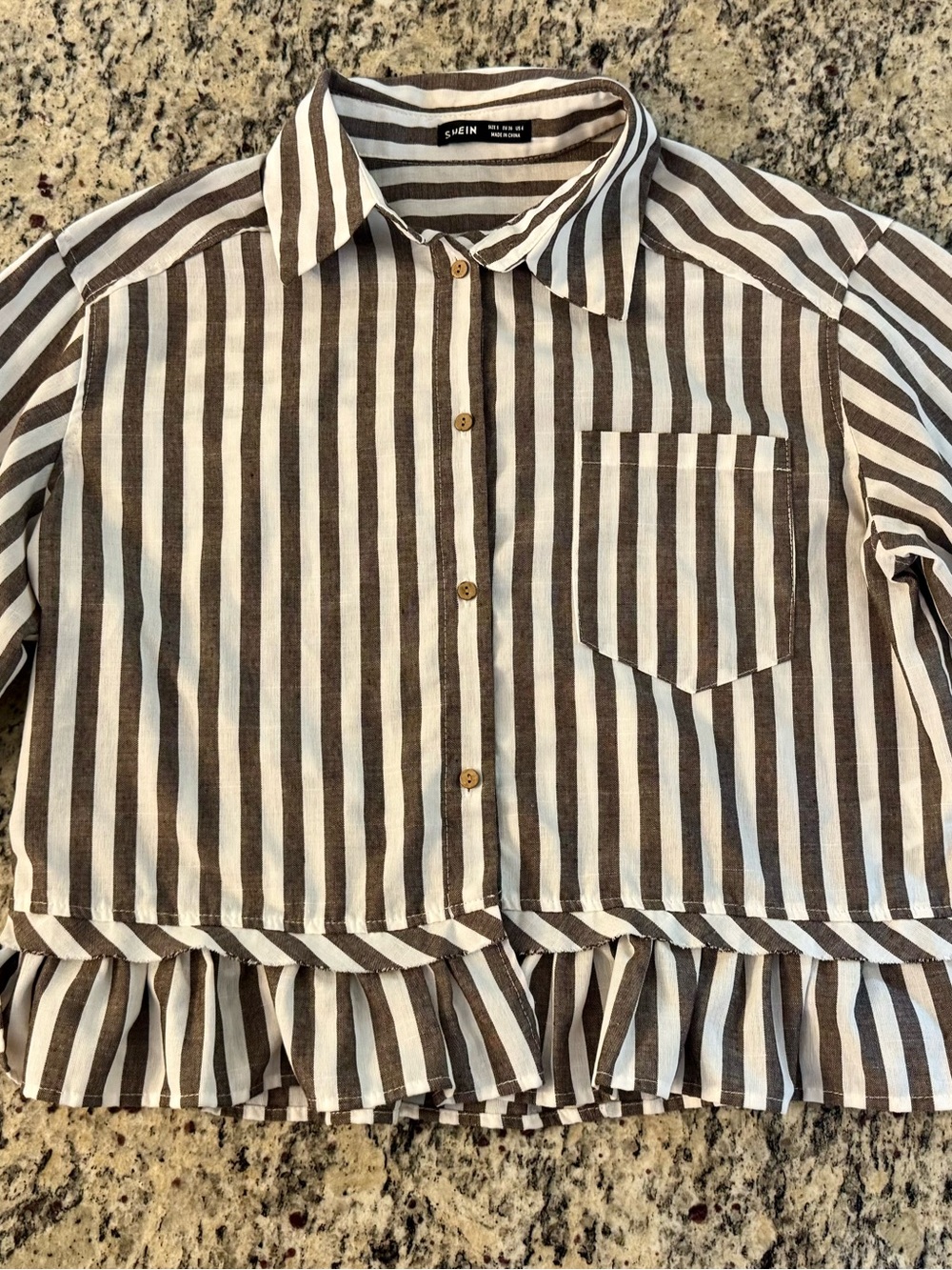 Shein Brown & White Striped Button-Front Ruffle Hem Top